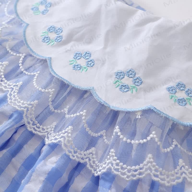Vestito con revers in pizzo a fiori e scozzesi blu per bambini - image 6