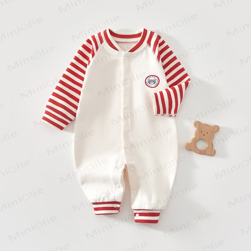 Tutina con stemma a forma di orso e maniche a righe per neonati - Rosso - 2-3T - image 1
