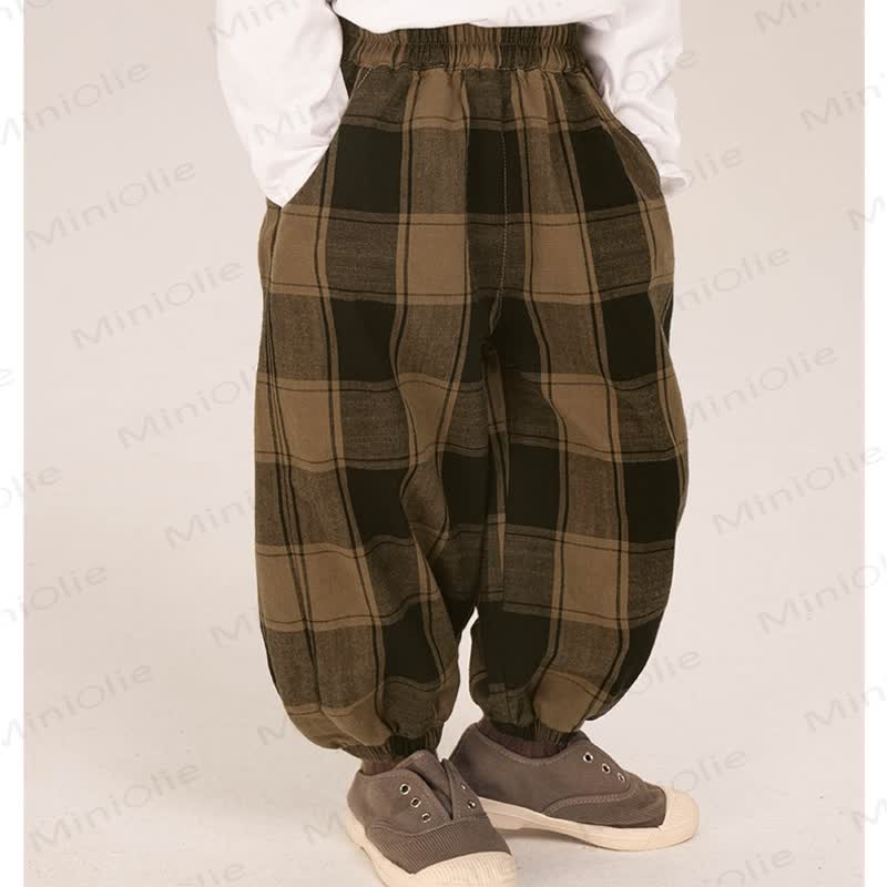 Pantaloni da jogging larghi a quadri color caffè per bambini piccoli - image 3