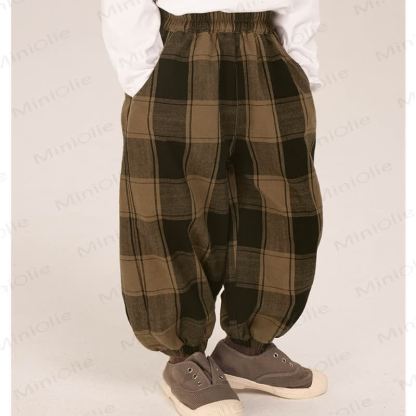 Pantaloni da jogging larghi a quadri color caffè per bambini piccoli - image 3