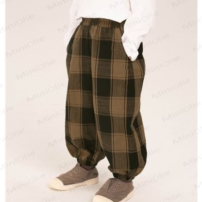 Pantaloni da jogging larghi a quadri color caffè per bambini piccoli - image 2
