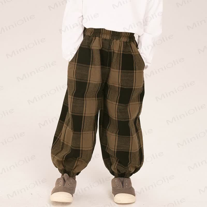 Pantaloni da jogging larghi a quadri color caffè per bambini piccoli - image 4