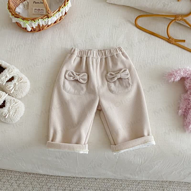 Pantaloni foderati in pile con fiocco in velluto a coste per neonati e bambine - Bianco - 5-7T - image 5
