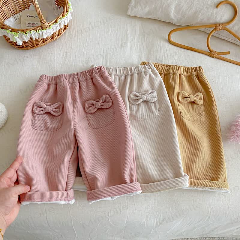 Pantaloni foderati in pile con fiocco in velluto a coste per neonati e bambine - image 2