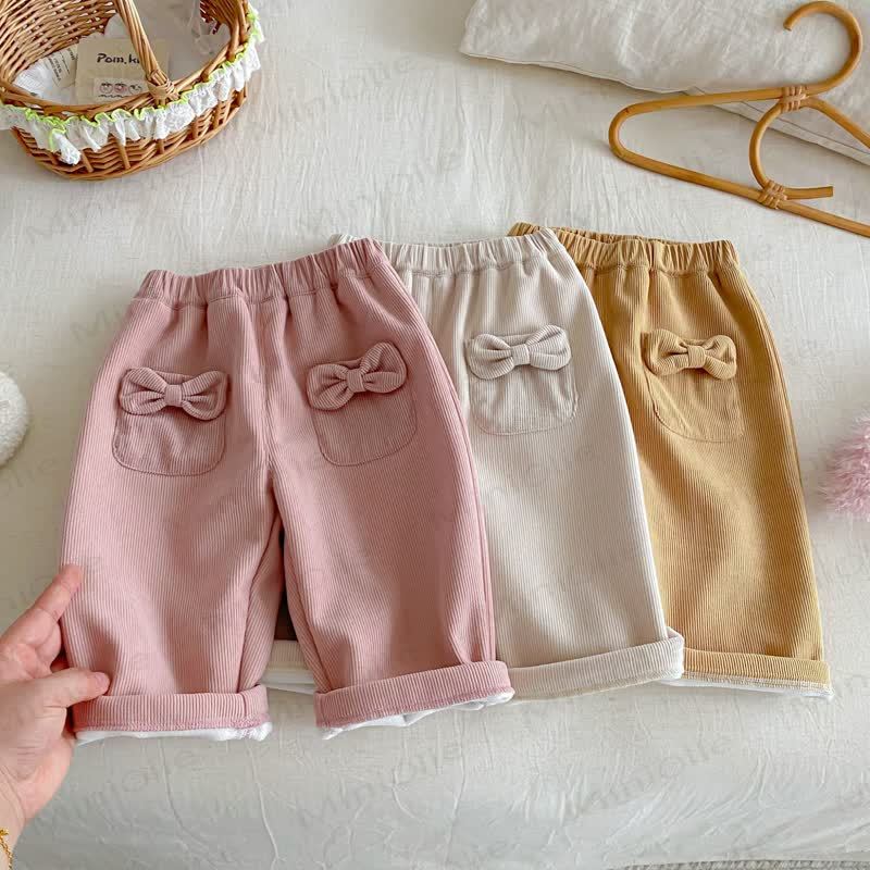 Pantaloni foderati in pile con fiocco in velluto a coste per neonati e bambine - image 2