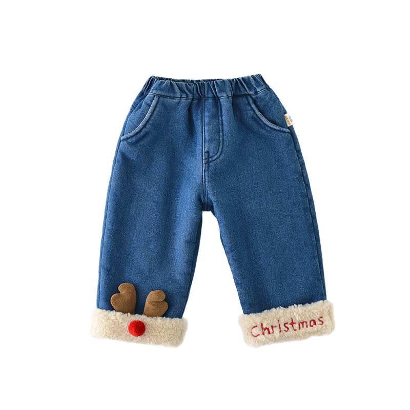 Pantaloni foderati in pile di cervo denim per neonati di NATALE - Blu - 2-3T - image 3