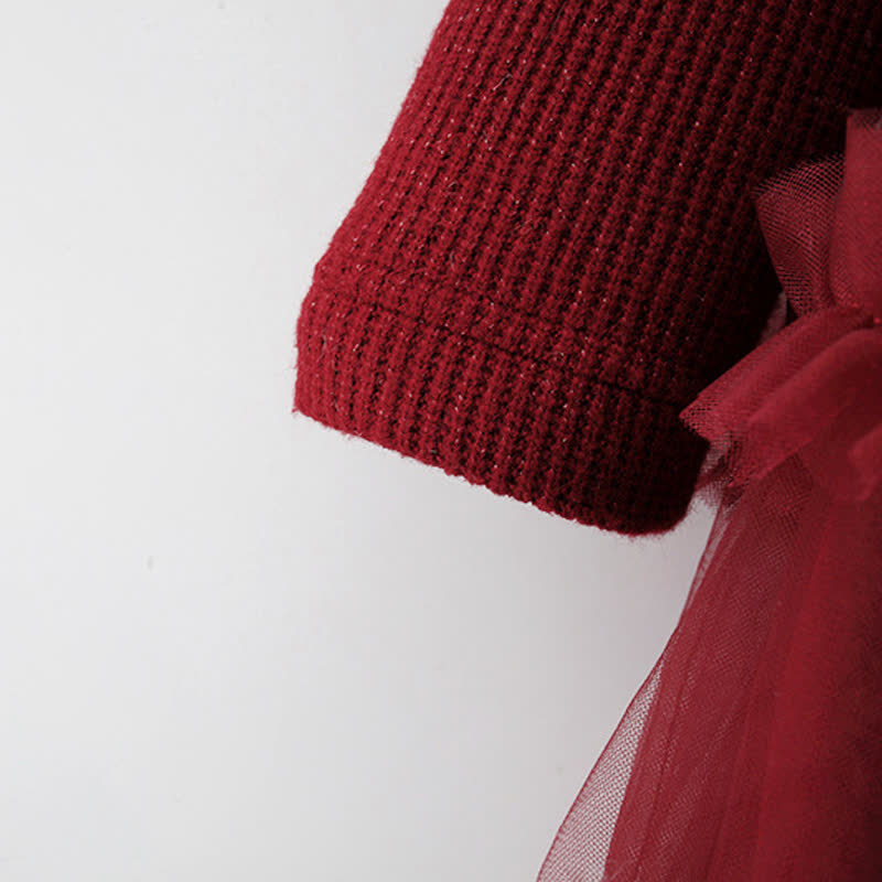 Vestito in rete foderato in pile rosso con fiocco da orso per bambina - image 3