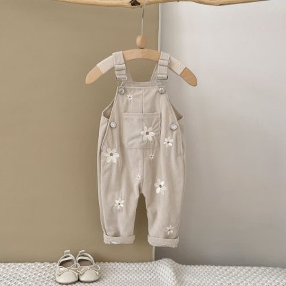 Salopette in maglia a coste con fiori ricamati per neonata - Beige - 2-3 anni - image 1