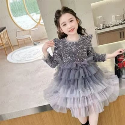 Vestito da bambina con paillettes in rete e velo a fiocco - Grigio argento - 10 anni - image 1