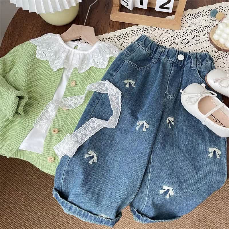 Pantaloni in denim con fiocco ricamato per bambini piccoli - Blu - 10 anni - image 1
