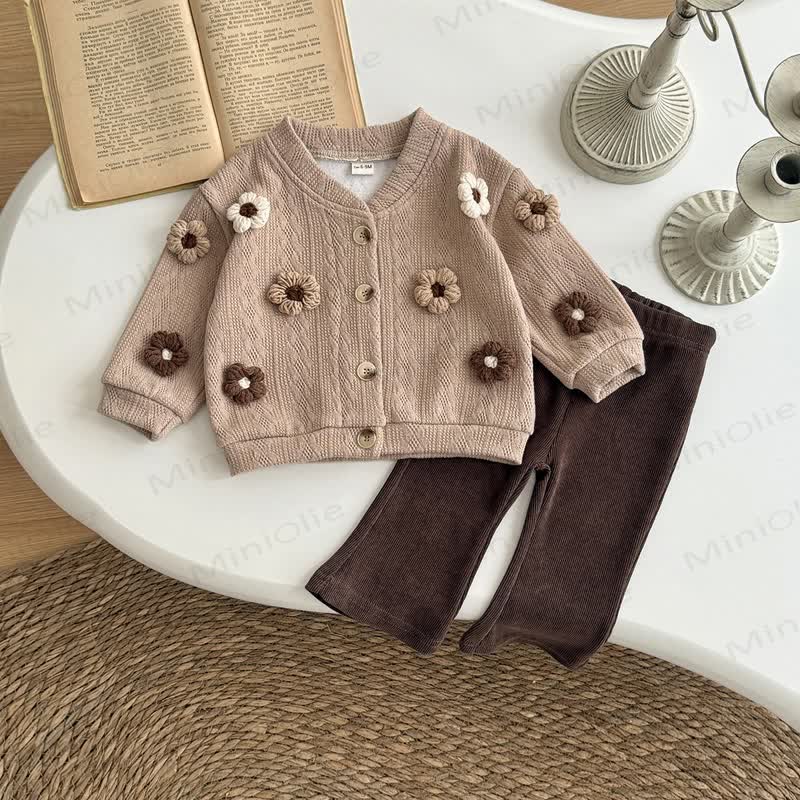 Set da 2 pezzi in maglia a fiori per bambini, marrone scuro - image 3
