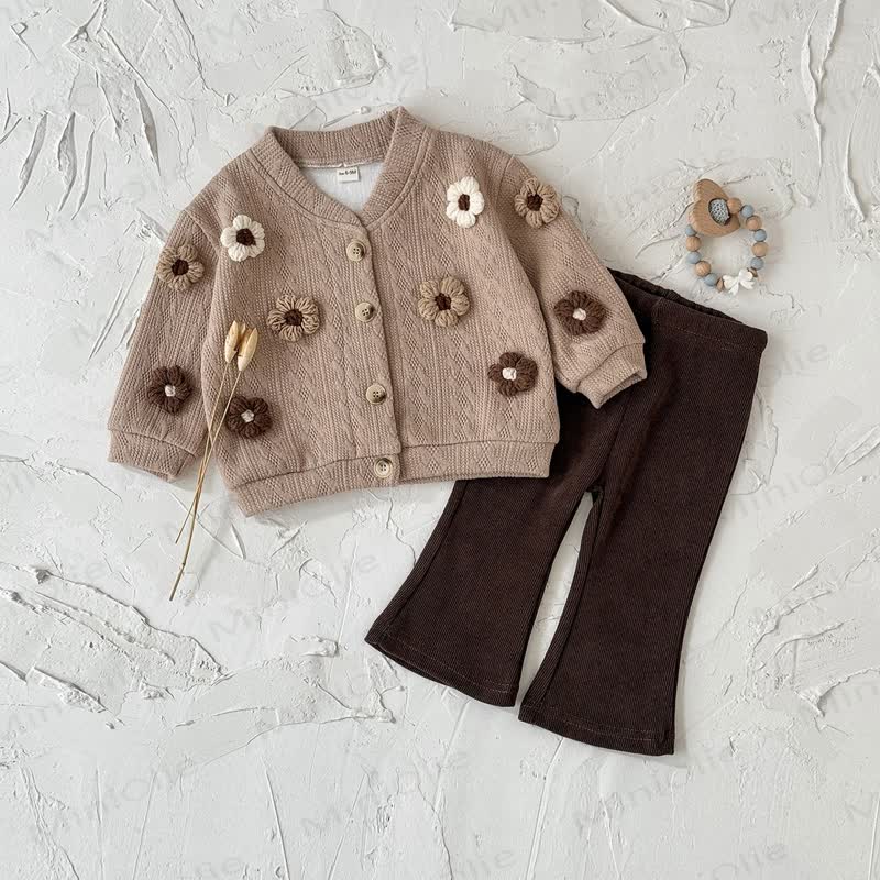Set da 2 pezzi in maglia a fiori per bambini, marrone scuro - image 4