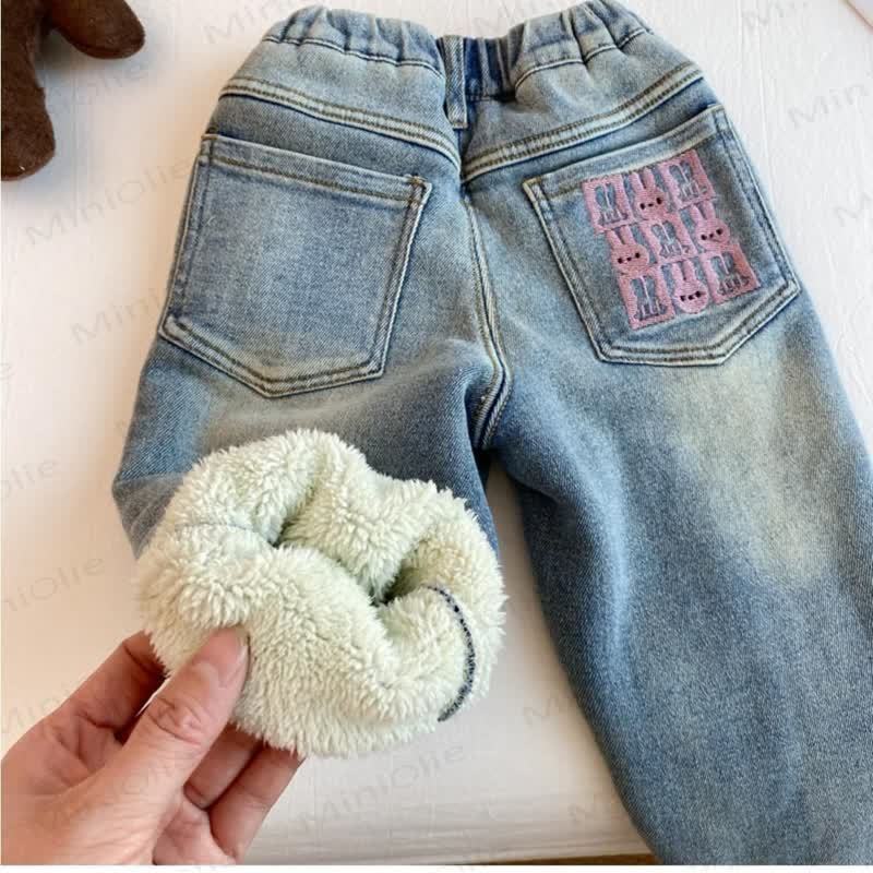 Pantaloni foderati in pile di denim a forma di coniglietto per bambini piccoli - image 4