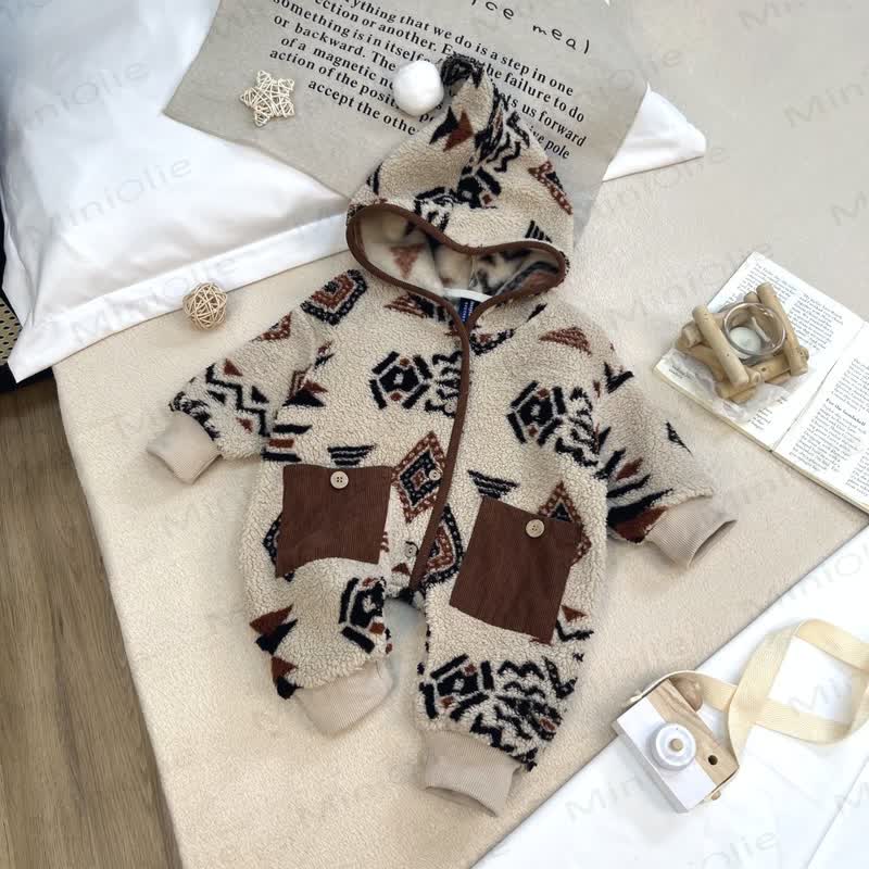 Tutina da neonato in sherpa con cappuccio e cerniera frontale - Beige - 18-24 mesi - image 1