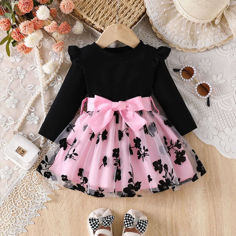 Vestito in rete con fiocco e fiori per bambina - Nero Rosa - 2-3 anni - image 1