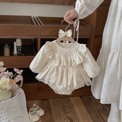 Body beige con gonna in pizzo e fascia per capelli per neonati - image 2