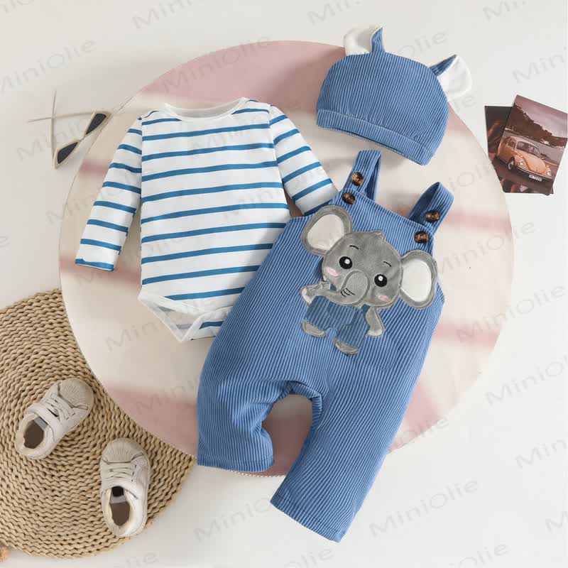 Salopette con motivo animalier e body a righe con cappello per neonato - Elefante blu - 12-18 mesi - image 6