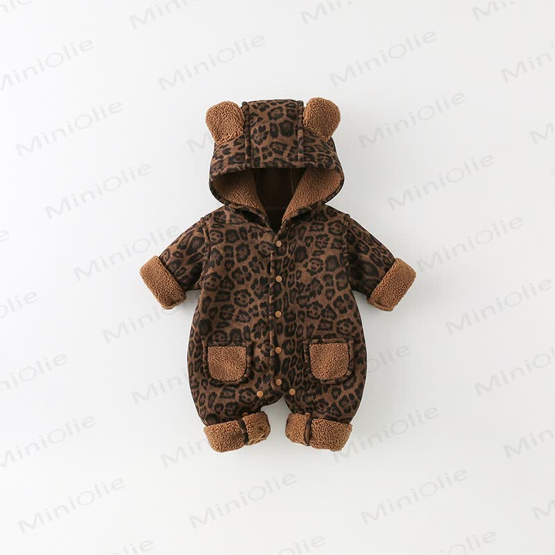 Tutina con cappuccio e stampa leopardata per neonati - Marrone scuro - 2-3T - image 1