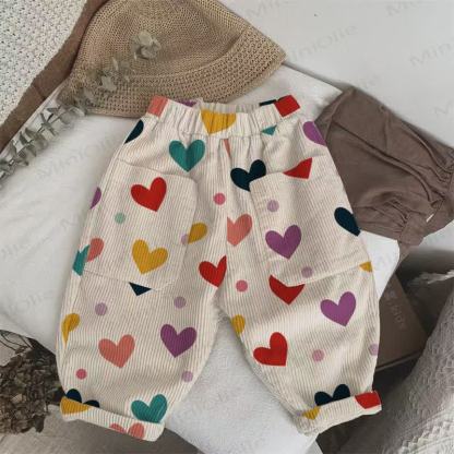 Pantaloni in velluto a coste beige con cuori colorati e pois per neonati e bambini - Beige - 5-7T - image 1