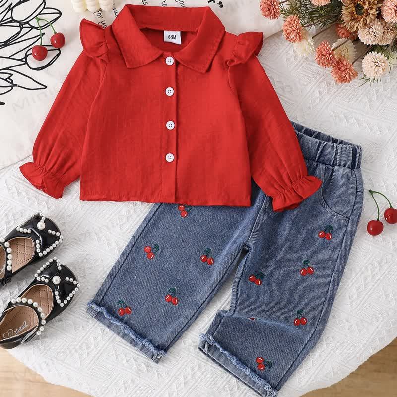 Camicetta con maniche a palloncino e pantaloni in denim con ricamo ciliegia per bambina - Rosso - 2-3 anni - image 1