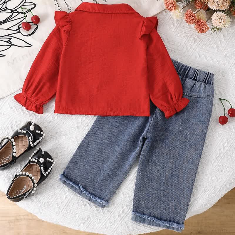 Camicetta con maniche a palloncino e pantaloni in denim con ricamo ciliegia per bambina - image 2