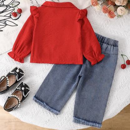 Camicetta con maniche a palloncino e pantaloni in denim con ricamo ciliegia per bambina - image 2