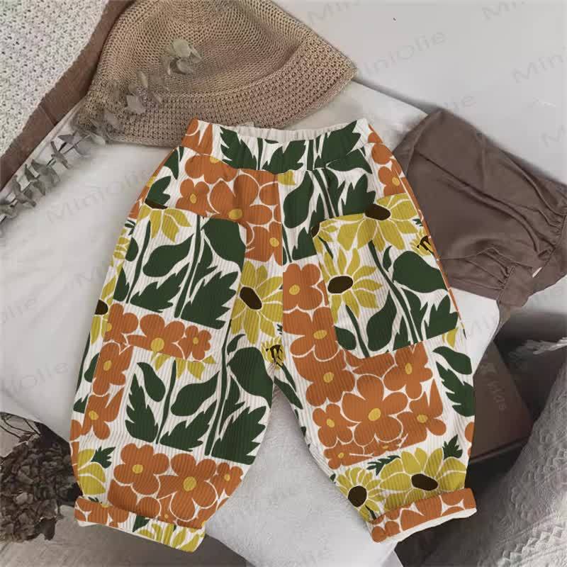 Pantaloni a coste beige con fiori per neonati e bambini - Beige - 5-7T - image 1