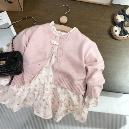 Vestito beige a fiori per bambina/Cardigan rosa - image 1