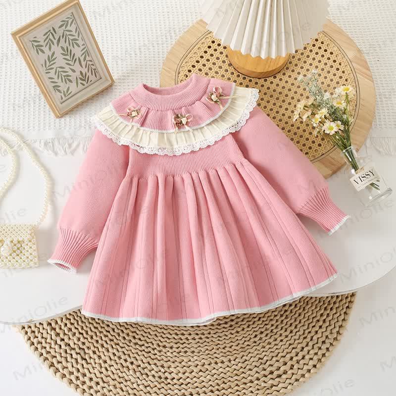 Abito in maglia a doppio strato con scollo rotondo e fiori per bambina - Rosa - 8 anni - image 1