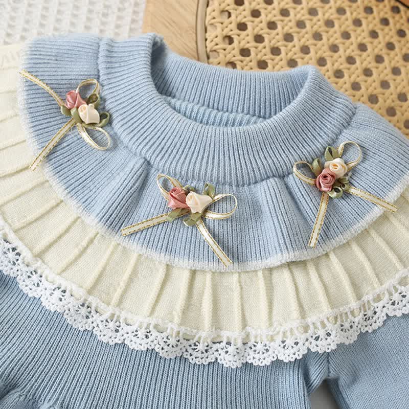 Abito in maglia a doppio strato con scollo rotondo e fiori per bambina - image 6