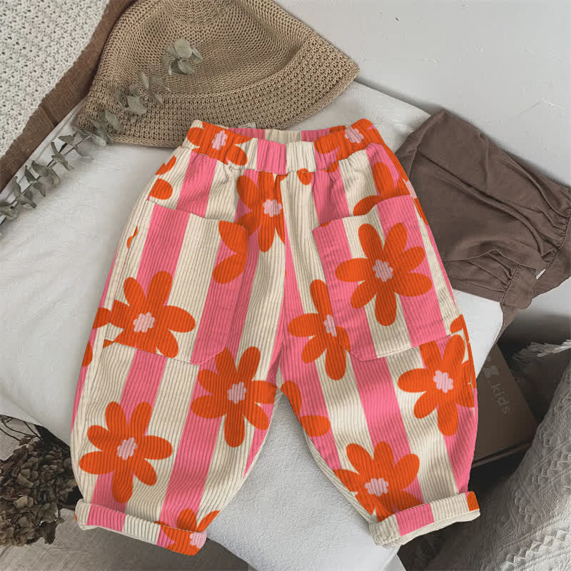 Pantaloni a righe con fiori per neonati e bambini - Rosa - 3-5T - image 1