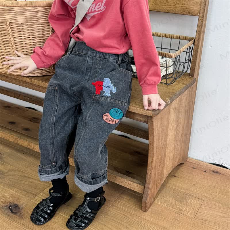 Pantaloni in denim per bambini piccoli con motivo elefante HAPPY SAD - image 6