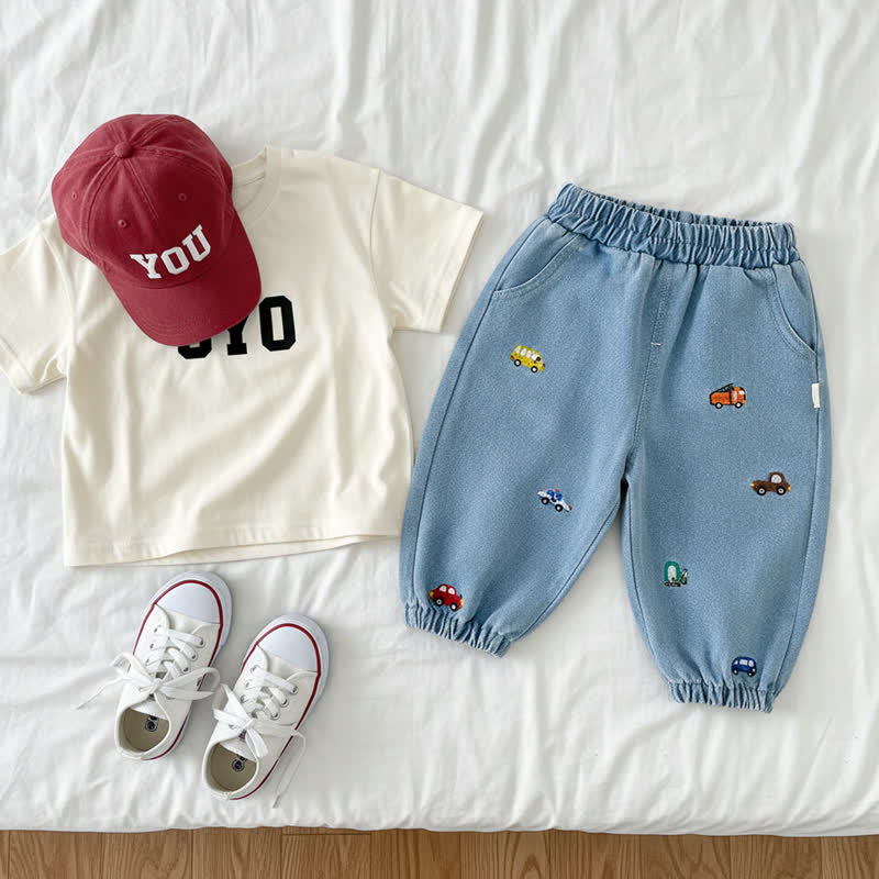 Pantaloni da jogging in denim con ricamo a forma di auto per neonati e bambini - image 5