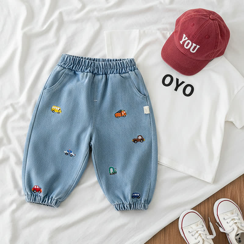 Pantaloni da jogging in denim con ricamo a forma di auto per neonati e bambini - image 2