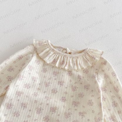 Salopette rosa con coniglietto ricamato per bambina/top beige con fiori - image 11