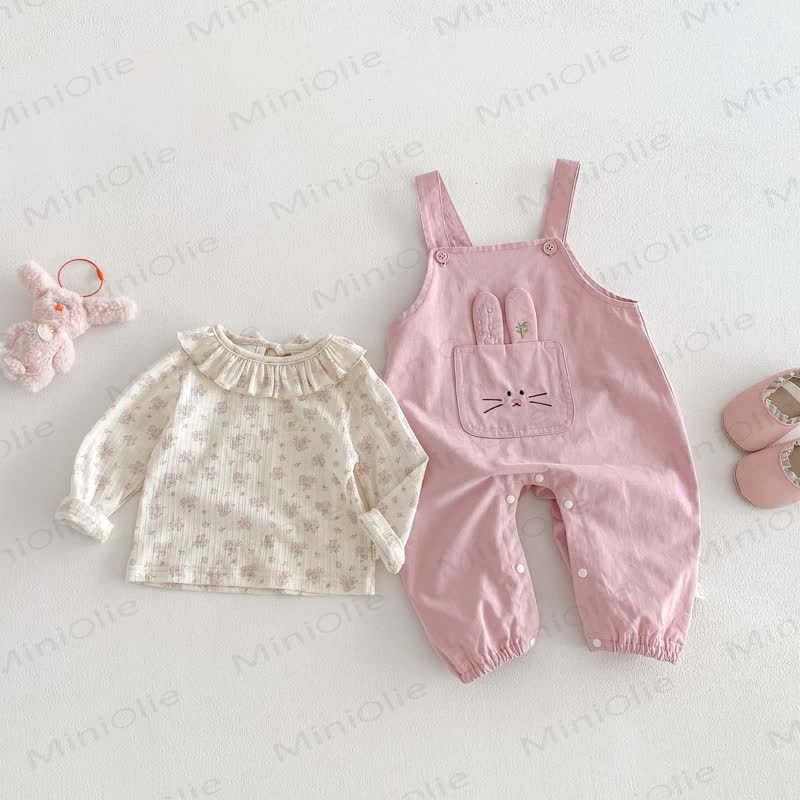 Salopette rosa con coniglietto ricamato per bambina/top beige con fiori - image 1