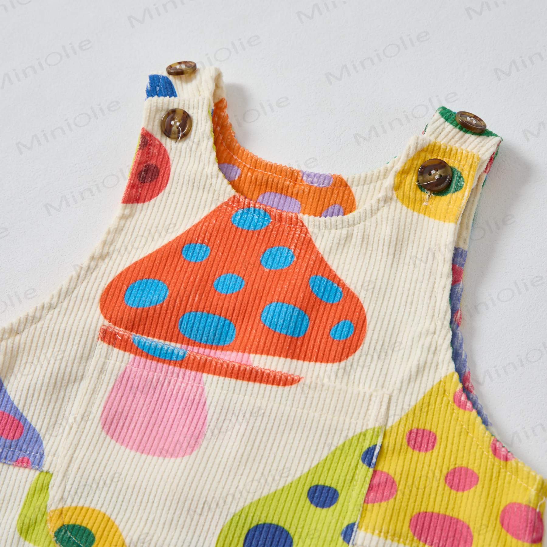 Salopette in velluto a coste beige con motivo a fungo colorato per neonati e bambini - image 3