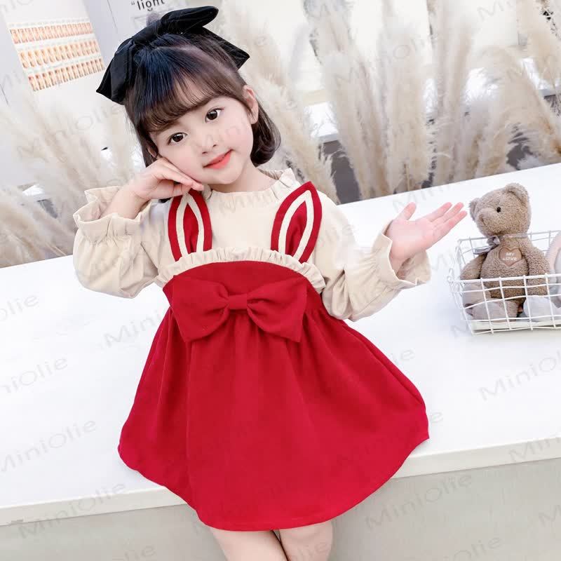 Vestito color block con fiocco da coniglietto per bambina - image 3