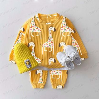 Felpa a nido d'ape con giraffa per neonati e bambini, set da 2 pezzi - Giallo - 2-3T - image 1