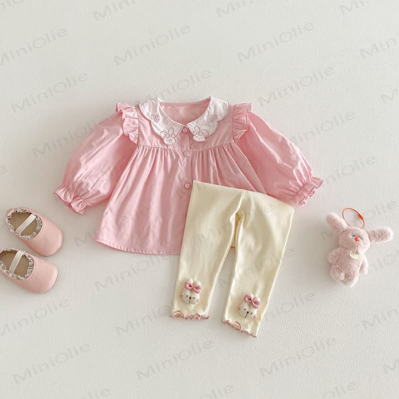 Top rosa coniglietto per bambina/leggings beige con fiocco - image 2