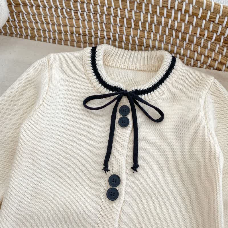 Cardigan con fiocco in maglia per bambina/pantaloni neri/pantaloni a righe - image 9