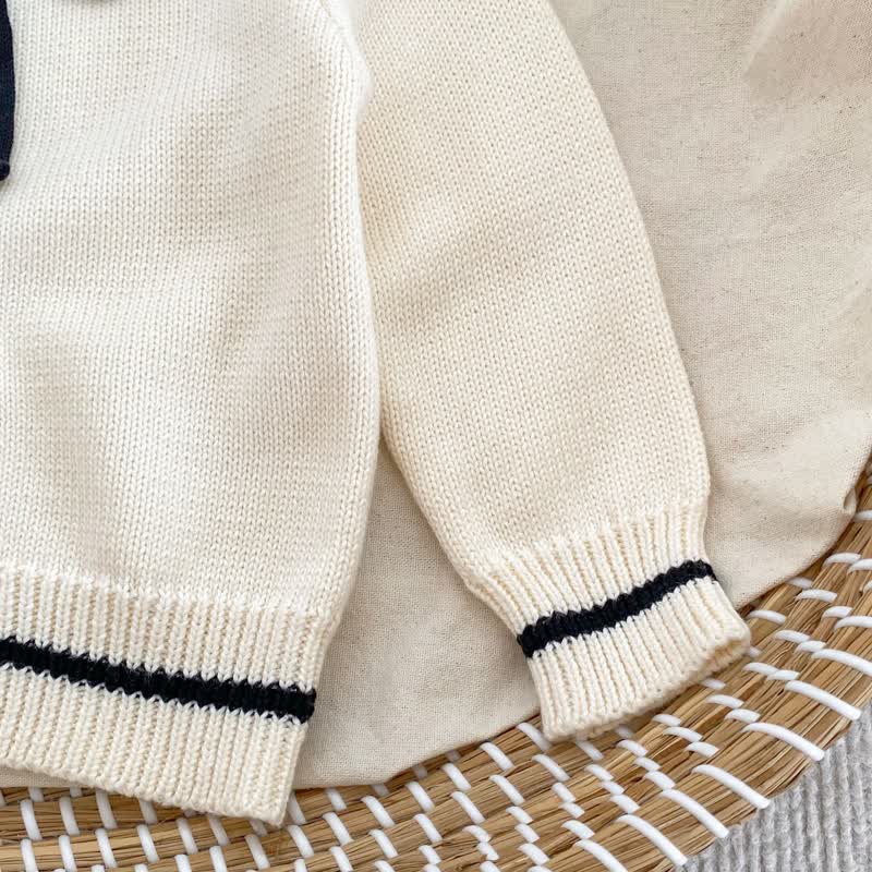 Cardigan con fiocco in maglia per bambina/pantaloni neri/pantaloni a righe - image 11