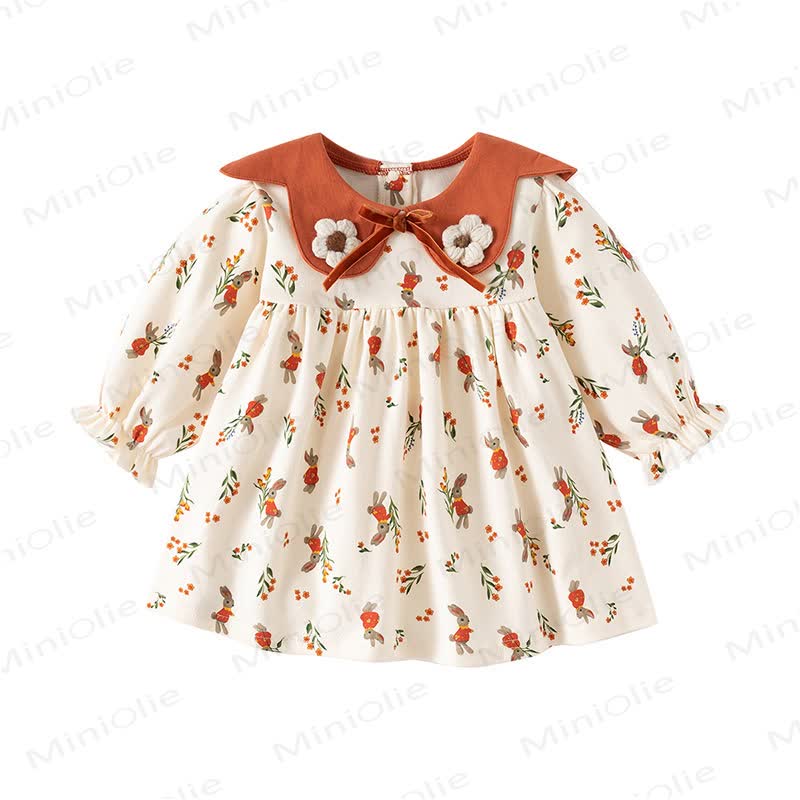 Vestito con fiocco a forma di coniglietto e fiori per bambina - Marrone chiaro - 4,5-5T - image 1