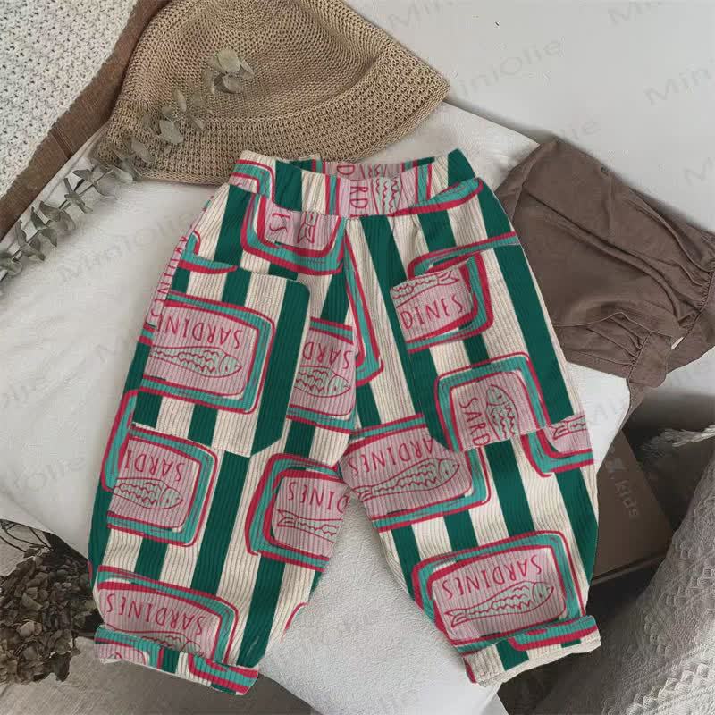 Pantaloni in velluto a coste a righe verticali verdi per neonati e bambini piccoli con sardine in scatola - Beige e verde - 5-7T - image 1