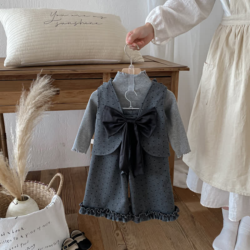 Set da 3 pezzi con fiocco grigio a pois per bambina - image 2