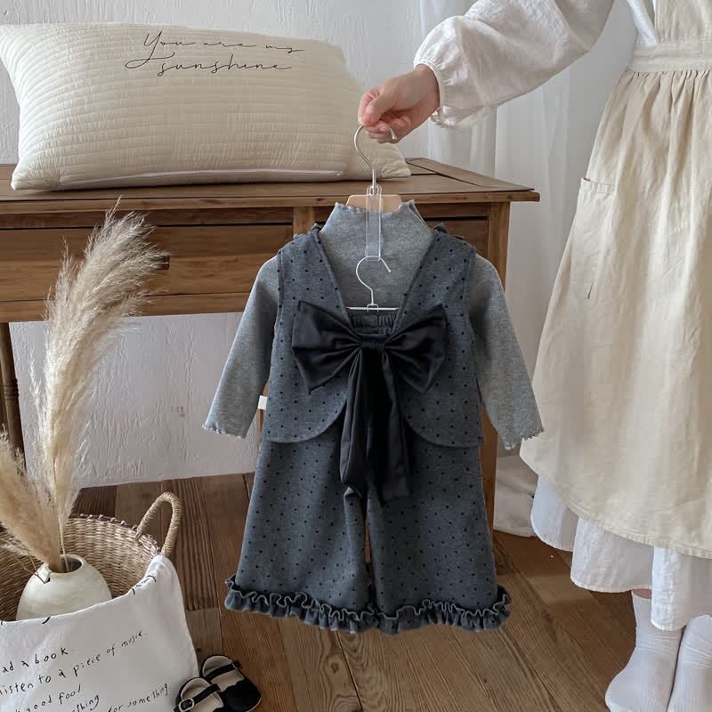 Set da 3 pezzi con fiocco grigio a pois per bambina - image 2