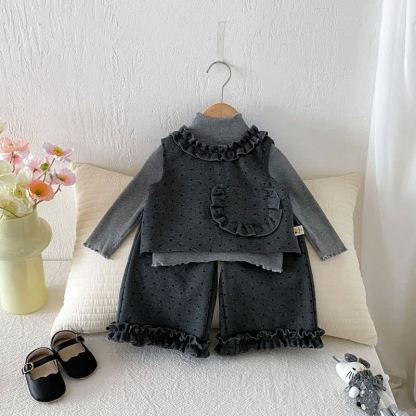 Set da 3 pezzi con fiocco grigio a pois per bambina - image 4