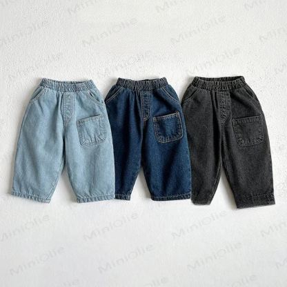 Pantaloni larghi in denim tinta unita per neonati e bambini - image 1
