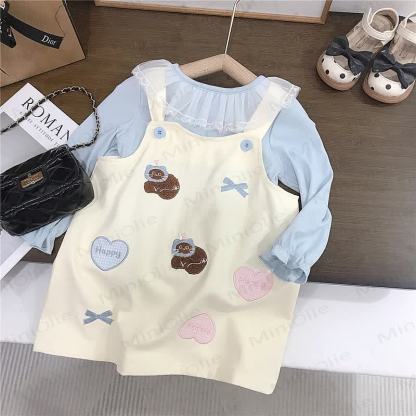 HAPPY Toddler Kids Girl Bow Plaid Love Cat Abito Beige e Top Blu - image 2