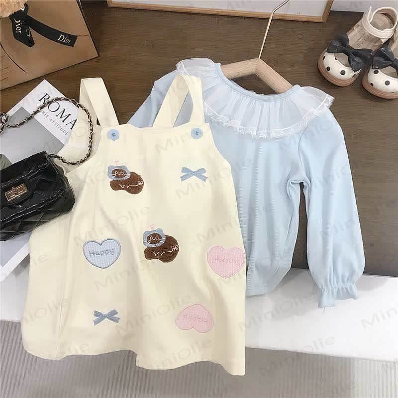 HAPPY Toddler Kids Girl Bow Plaid Love Cat Abito Beige e Top Blu - Abito beige e top blu - 10 anni - image 1